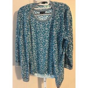 Talbots Women 2 Piece Set L/M Cardigan Tank Sweater Floral Top Teal  Black Daisy